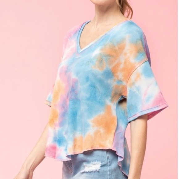🍭TIE DYE BLUE MULTI WAFFLE KNIT TOP - Picture 3 of 8